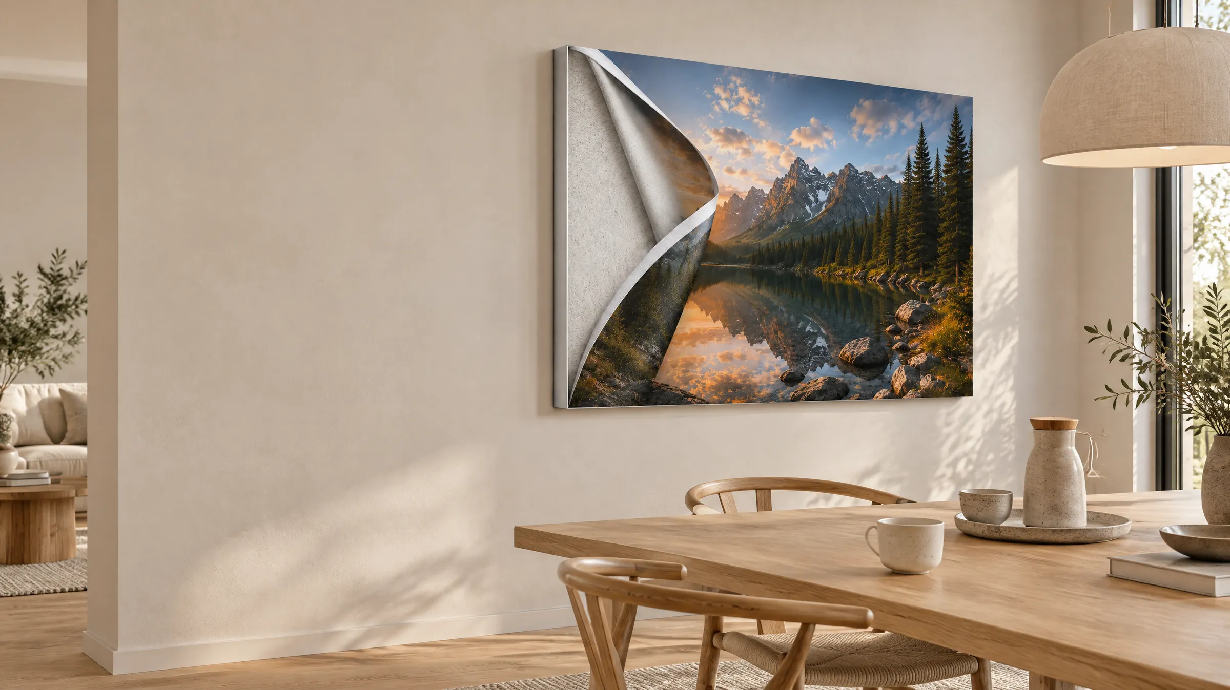 Akustikbild im Alu-Frame mit Bergsee-Motiv an der Wand eines Esszimmers – eine Ecke des Drucks ist umgeschlagen und zeigt das Akustikmaterial dahinter