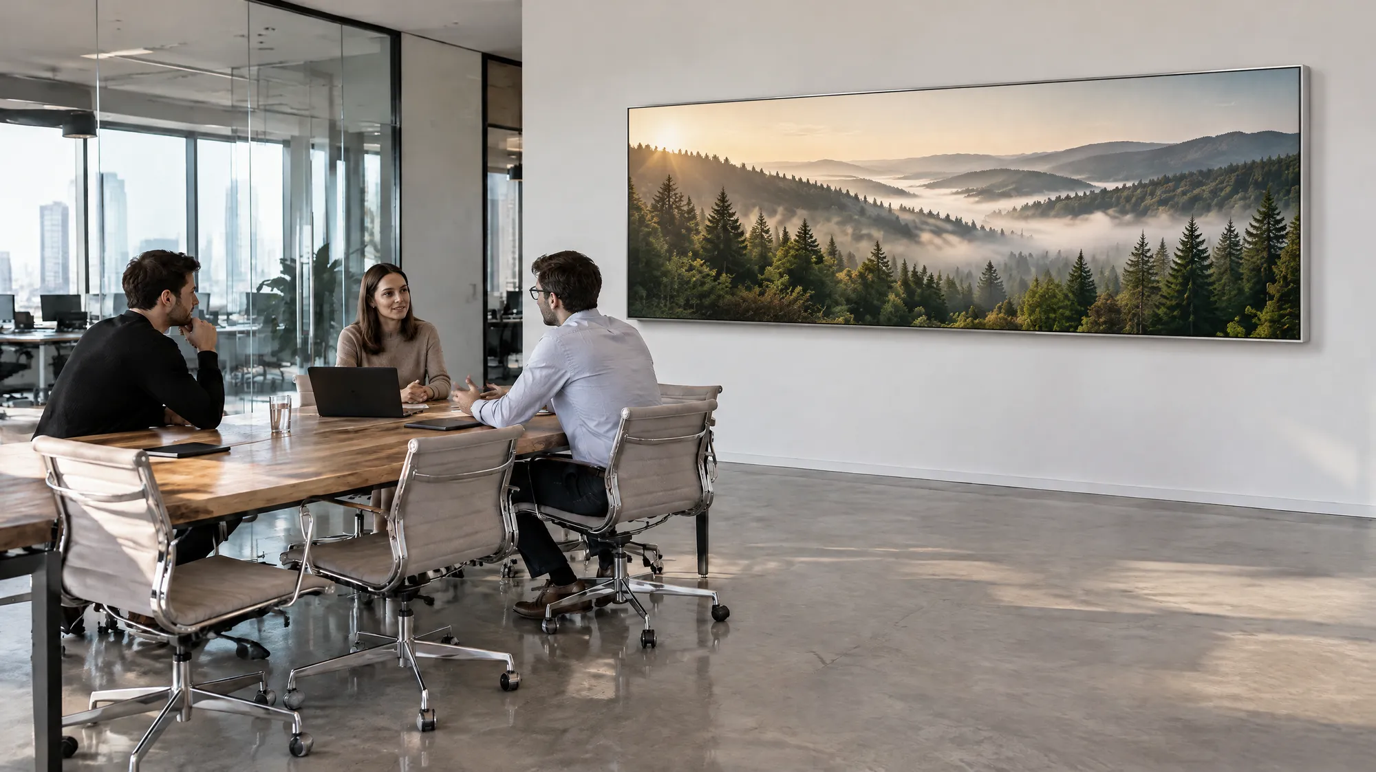 Dieselbe Besprechungsecke mit großem Akustikbild im Alu-Frame an der Wand