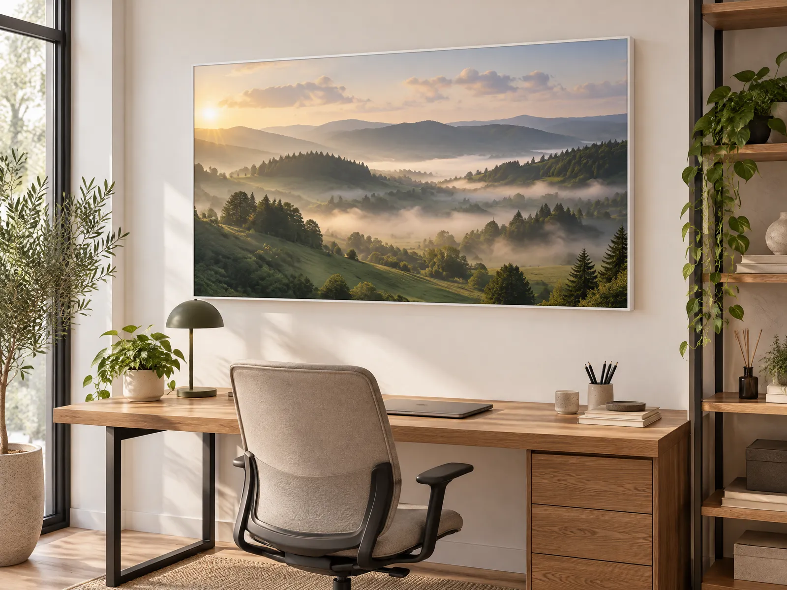 Homeoffice mit Akustikbild im weißen Alu-Frame über dem Schreibtisch, Motiv neblige Hügel