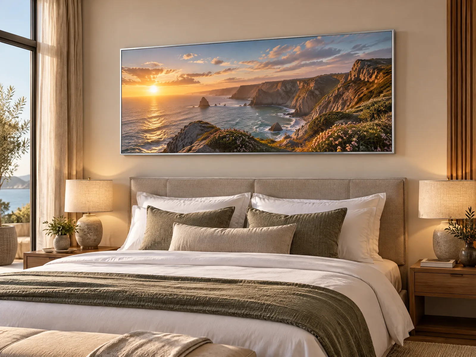 Boutique-Hotelzimmer mit Alu-Frame Wandbild in Silber über dem Bett, Motiv Steilküste im Abendlicht