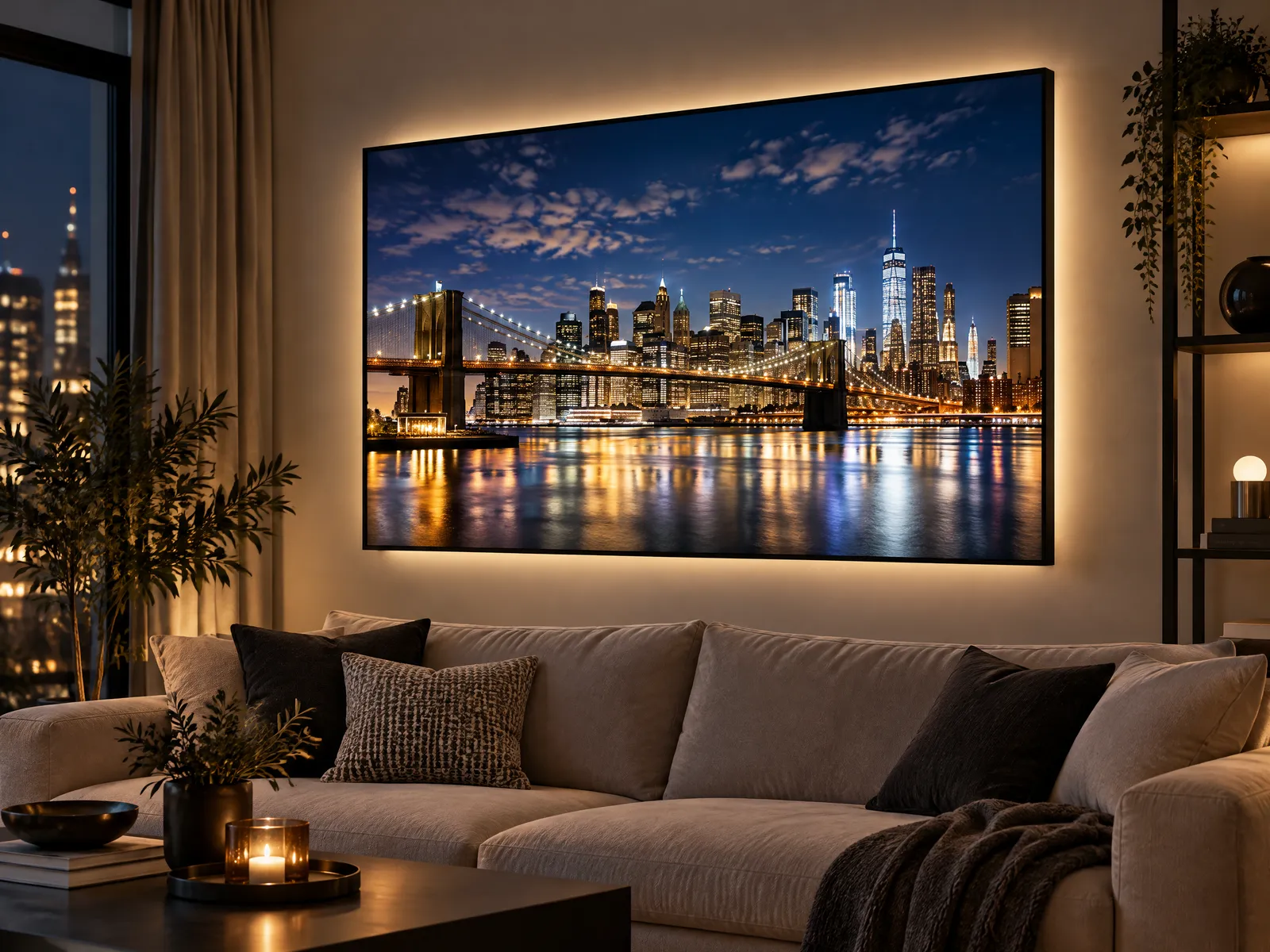Wohnzimmer am Abend mit leuchtendem LED-Wandbild im schwarzen Alu-Frame, Motiv Skyline bei Nacht