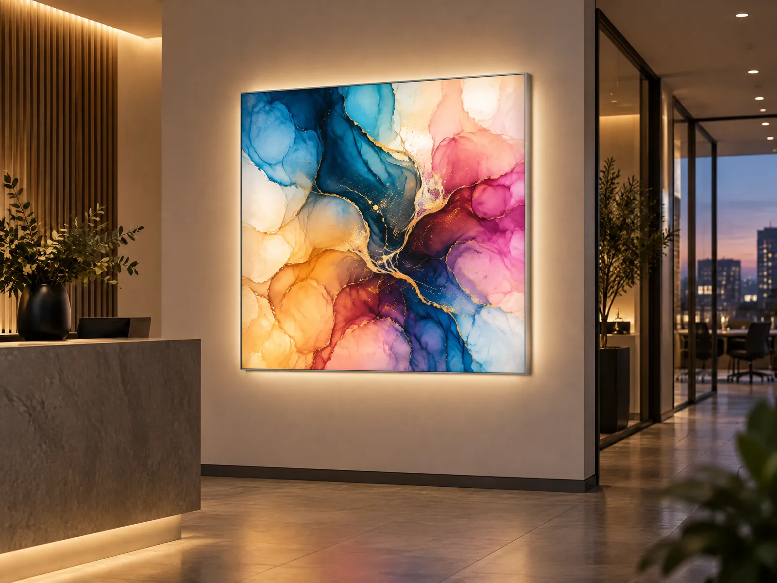 Empfangsflur am Abend mit quadratischem LED-Wandbild im silbernen Alu-Frame, abstraktes buntes Tintenmotiv