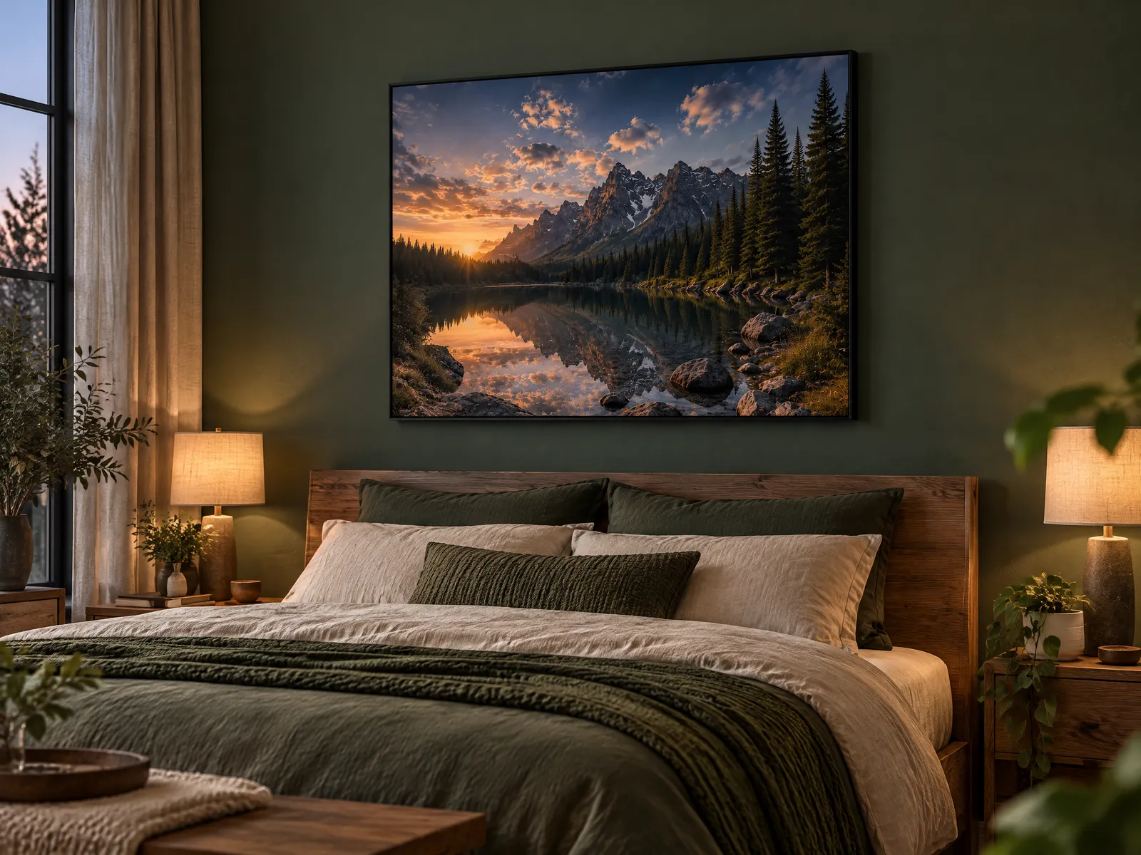 Gemütliches Schlafzimmer mit dunkelgrüner Wand und Akustikbild im schwarzen Alu-Frame, Motiv Bergsee in der Dämmerung