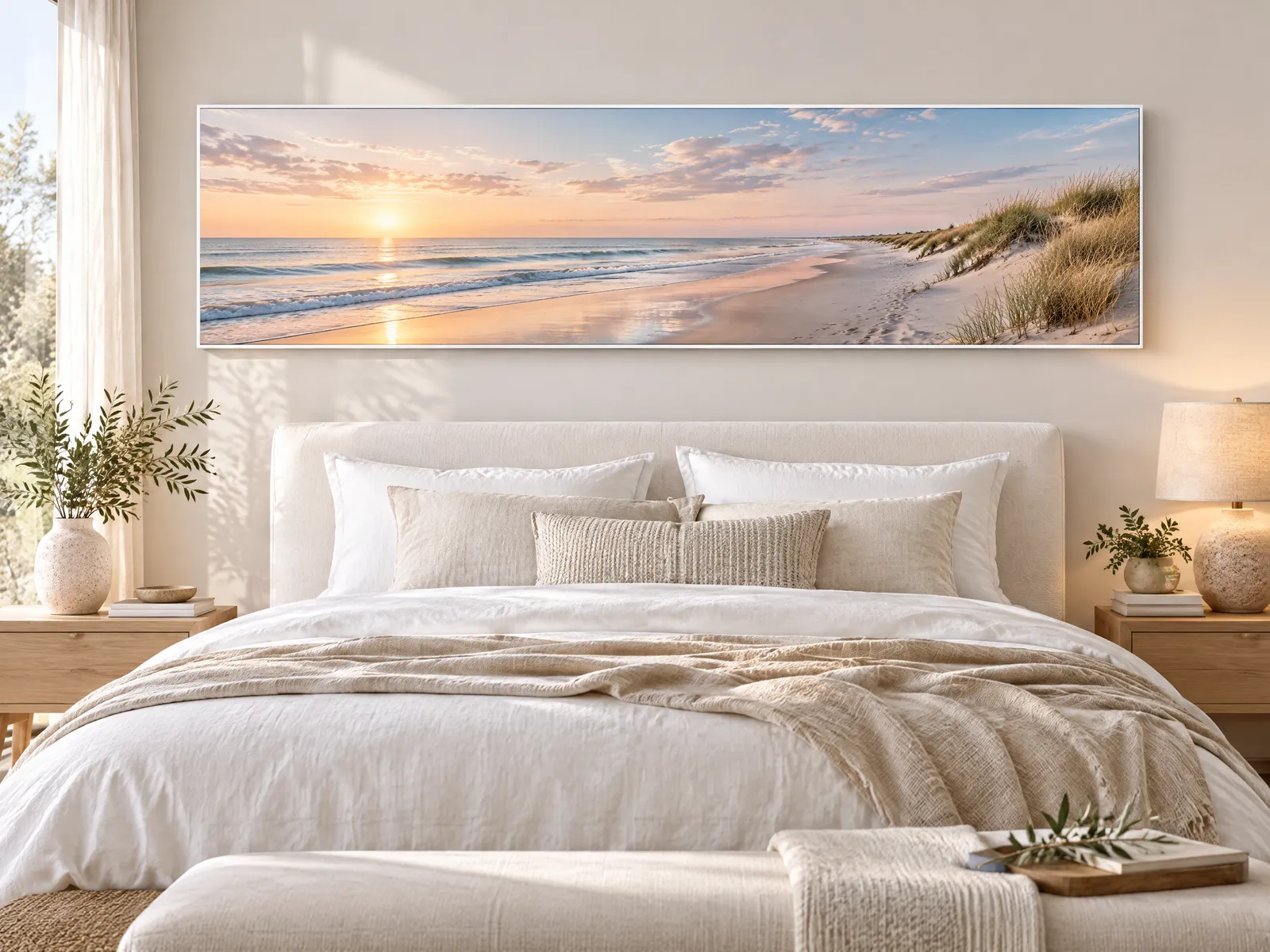 Helles Schlafzimmer mit Panorama-Wandbild im weißen Alu-Frame über dem Bett, Motiv Strand und Meer