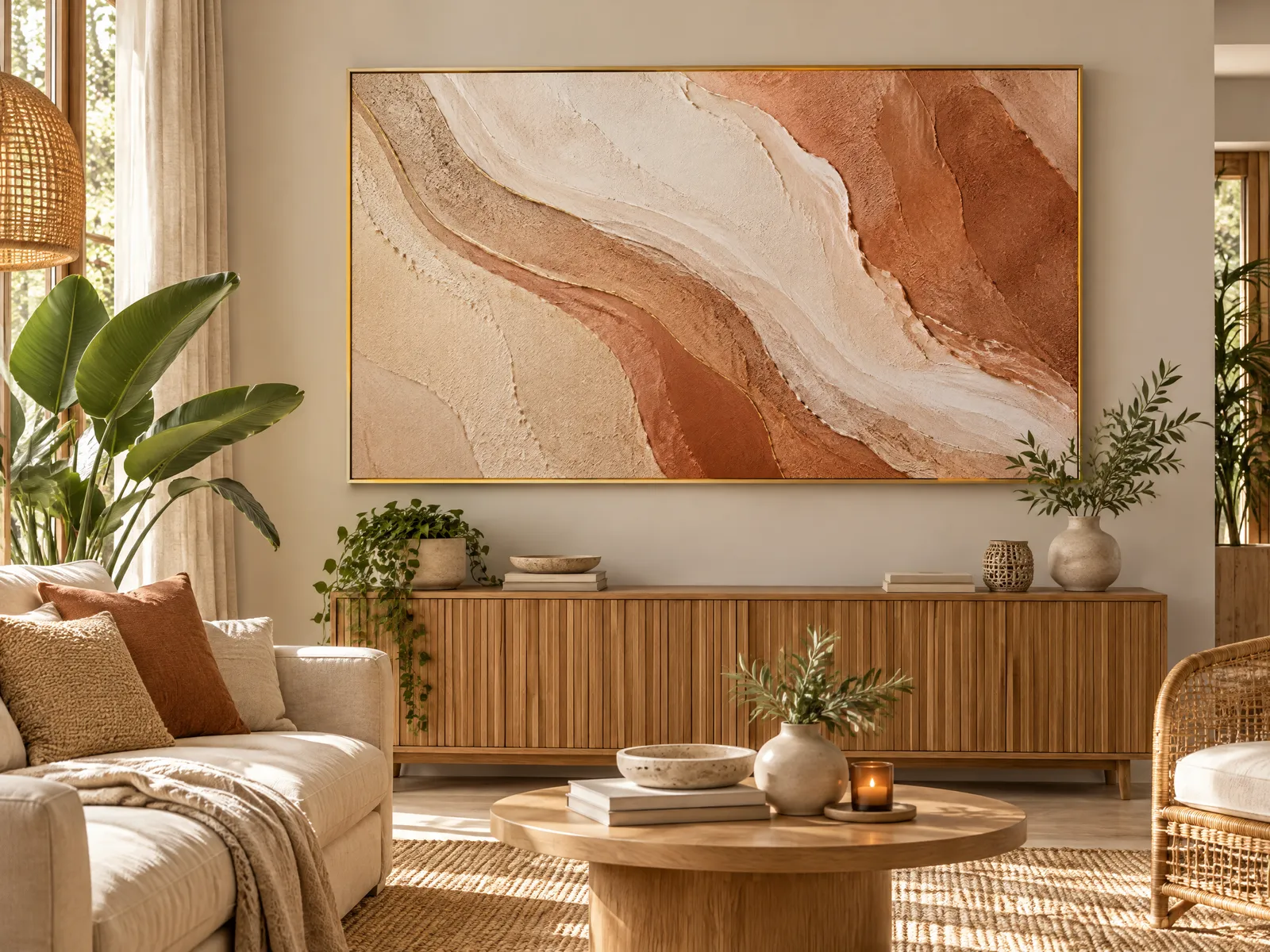 Warmes Wohnzimmer mit großem Wandbild im goldenen Alu-Frame, abstraktes Motiv in Sand- und Terrakottatönen