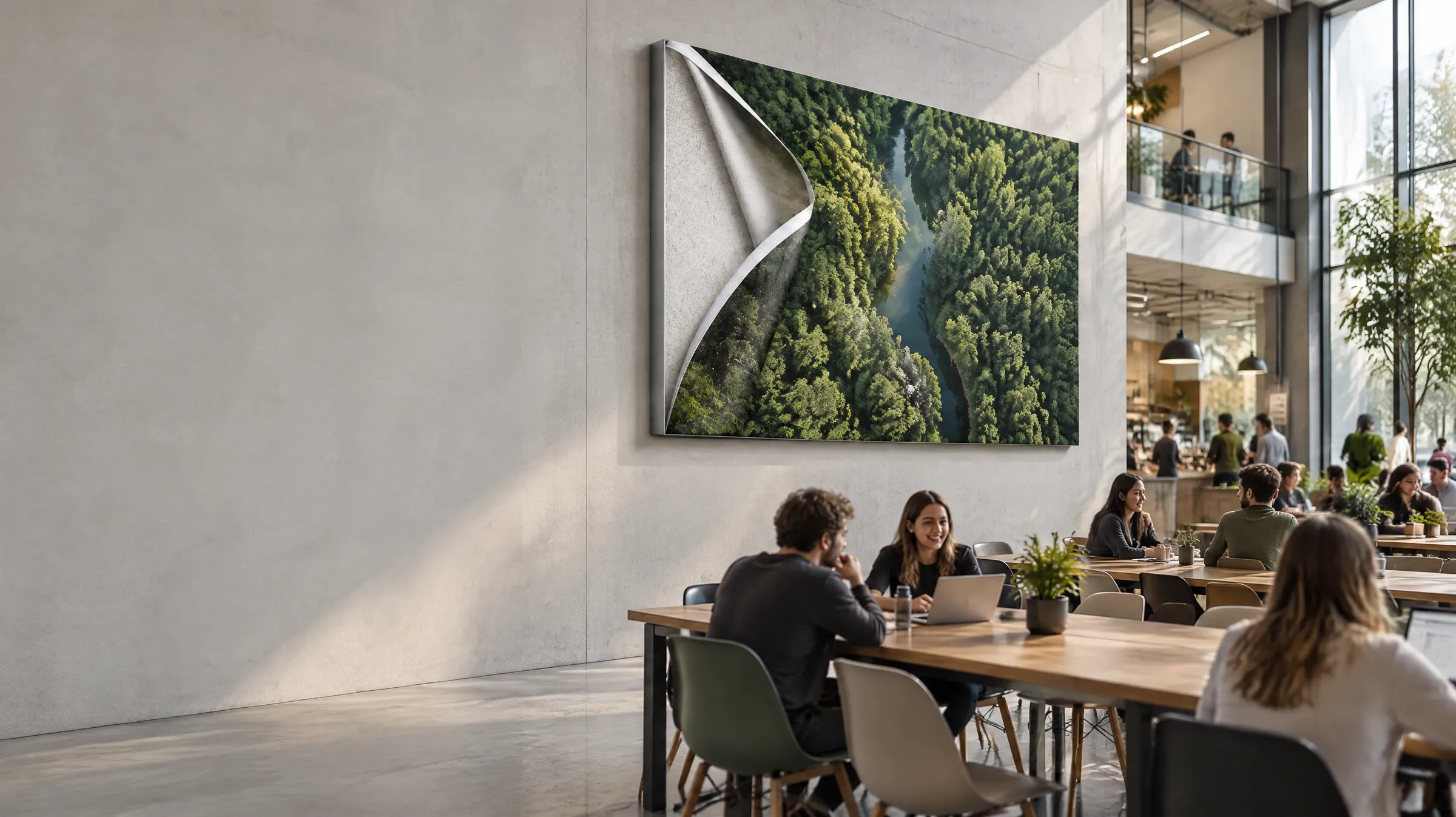 Großer Coworking-Bereich mit vielen Menschen – an der Betonwand ein großes Akustikbild im Alu-Frame mit Waldmotiv
