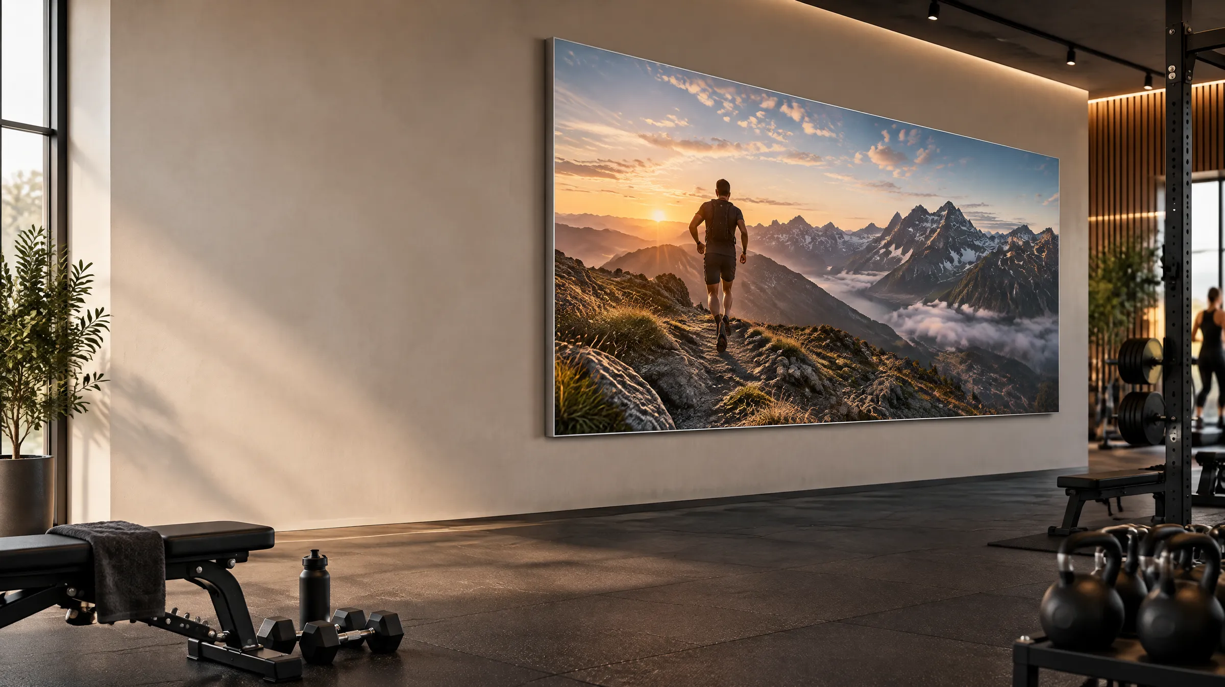 Fitnessstudio mit Trainingsgeräten und einem riesigen Wandbild eines Trailläufers im Alu-Frame