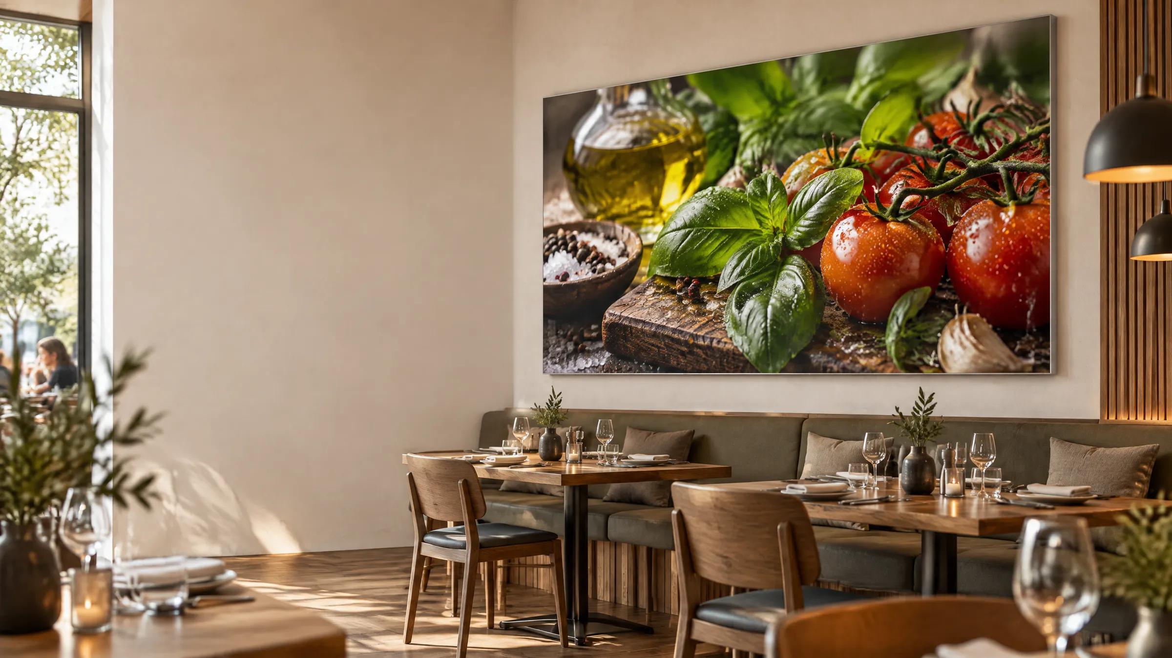Restaurant mit gedeckten Tischen und einem großformatigen Food-Wandbild im Alu-Frame
