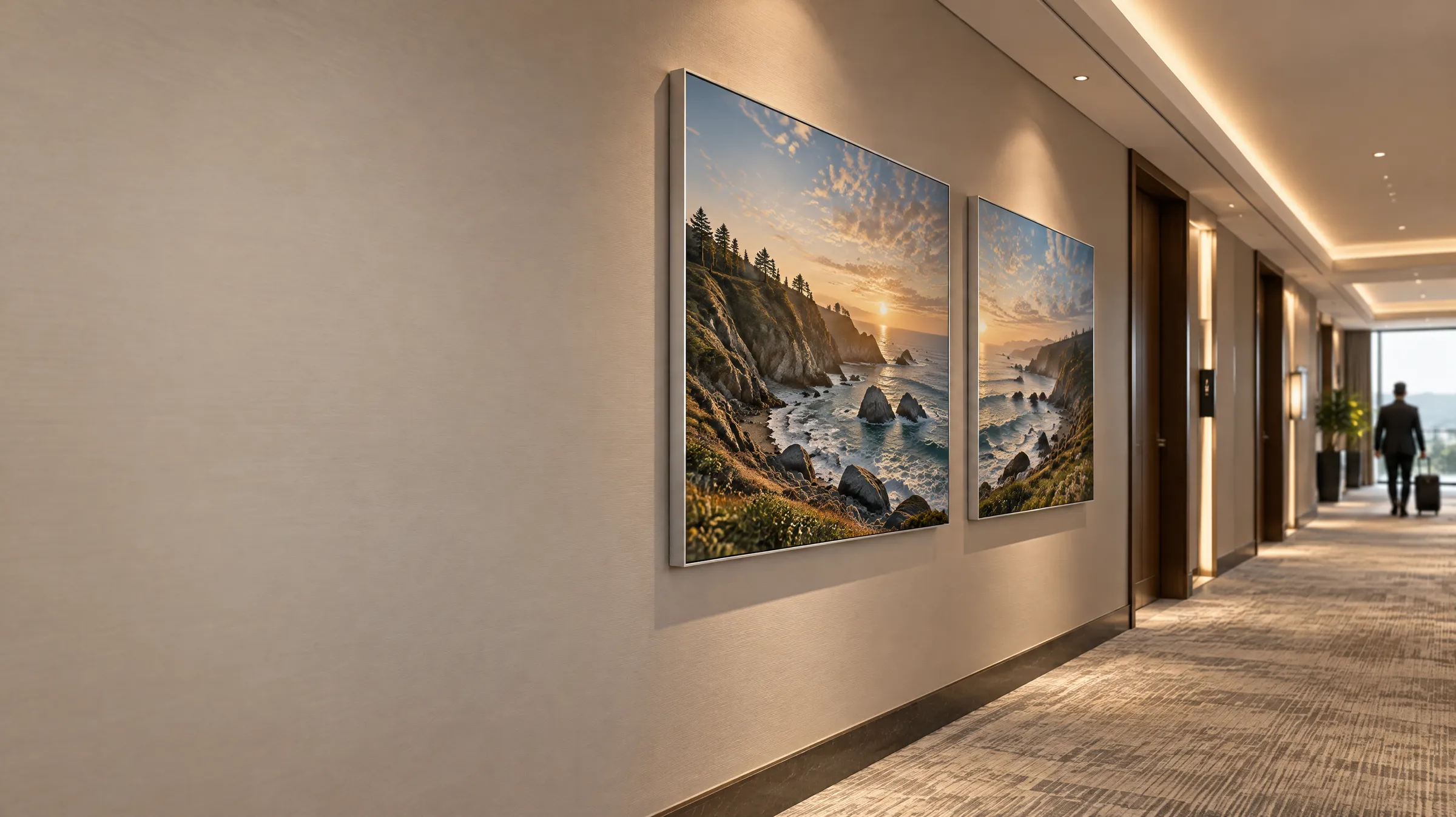 Hotelflur mit warmem Licht und zwei großen Küsten-Wandbildern im Alu-Frame