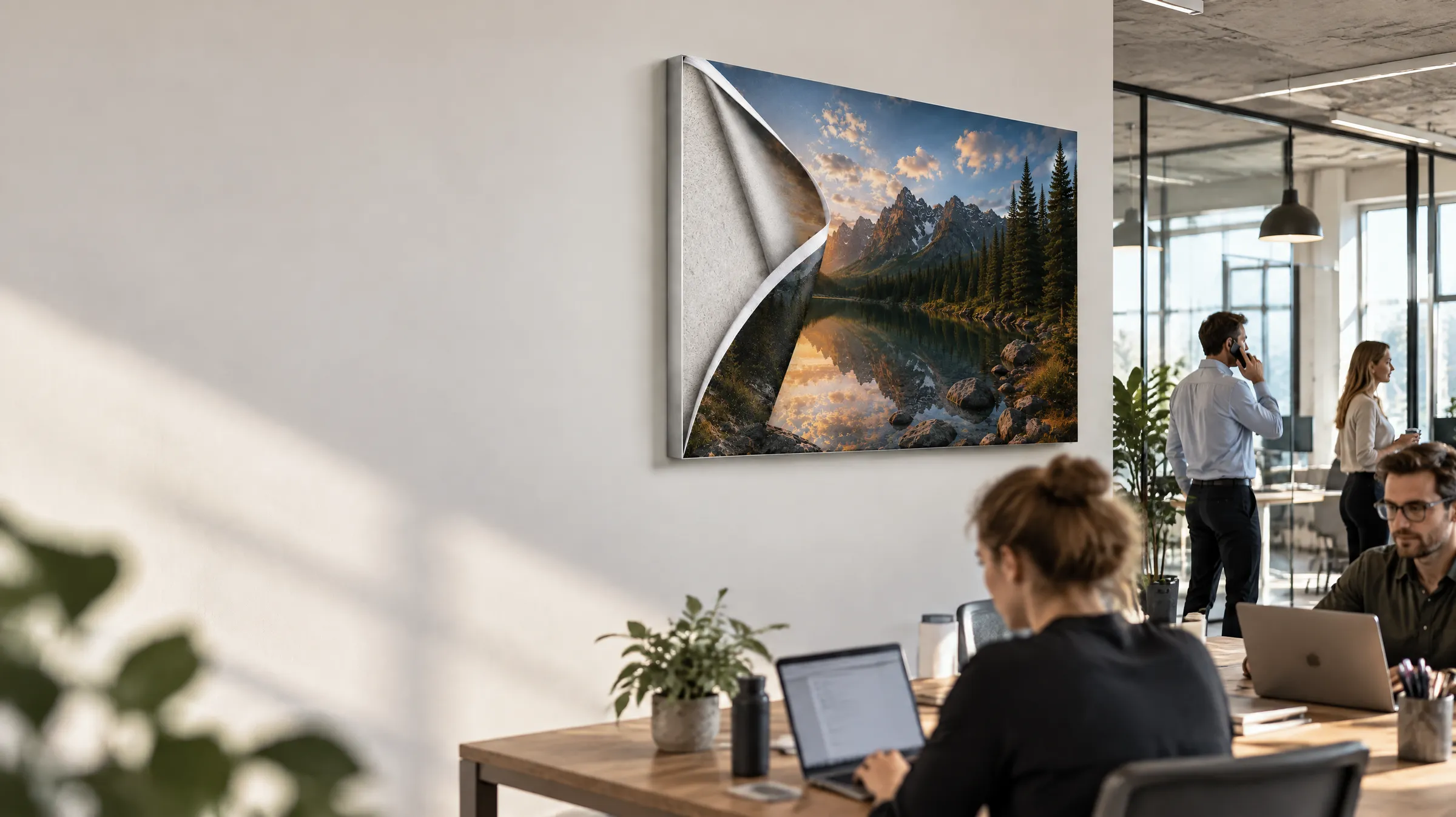 Offenes Großraumbüro mit Mitarbeitenden – an der Wand ein Akustikbild im Alu-Frame mit umgeschlagener Ecke