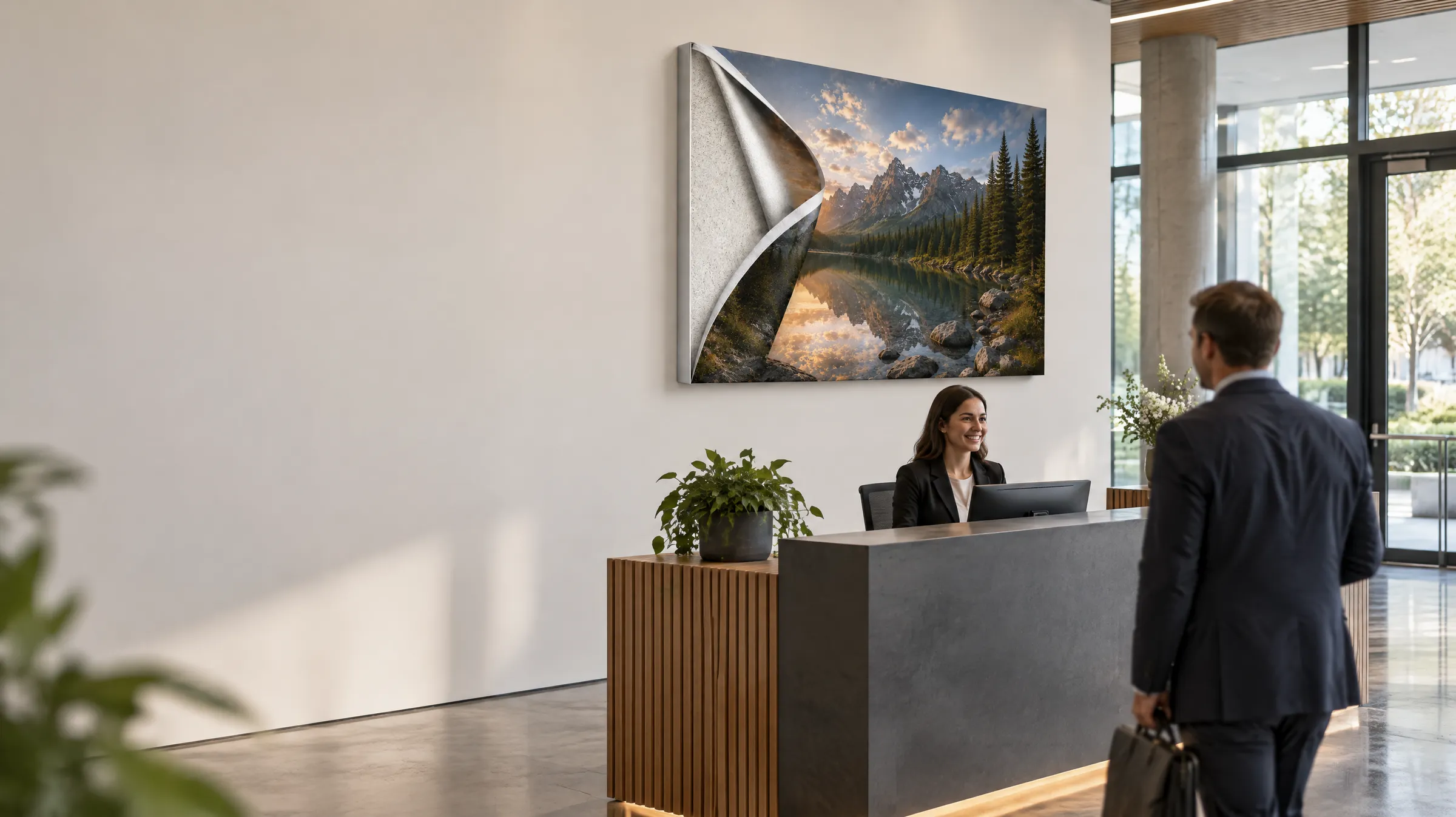 Empfangsbereich eines Unternehmens mit Empfangstresen – an der Wand ein Akustikbild im Alu-Frame mit umgeschlagener Ecke