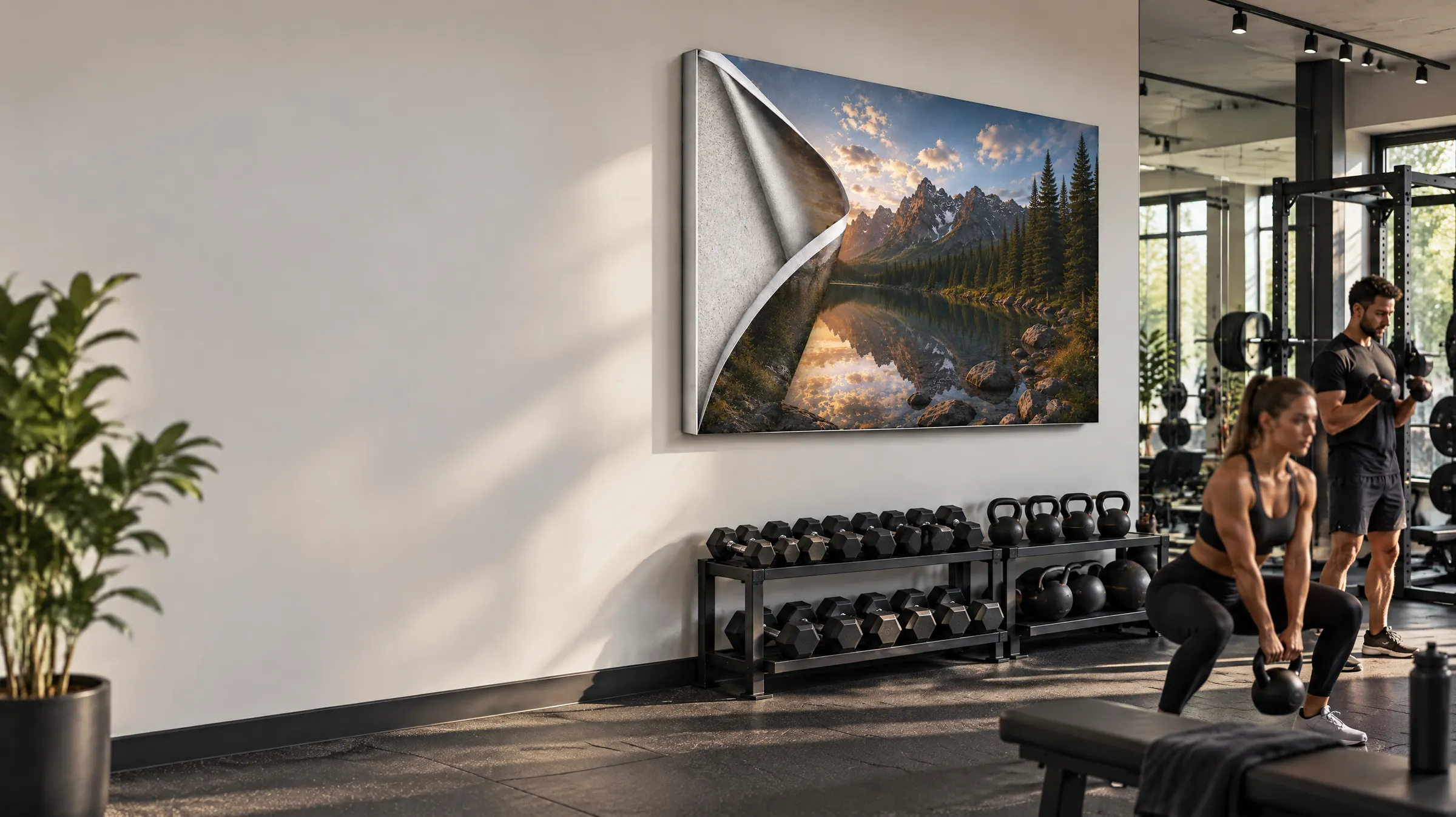 Fitnessstudio mit Kettlebells und Trainierenden – an der Wand ein Akustikbild im Alu-Frame mit umgeschlagener Ecke