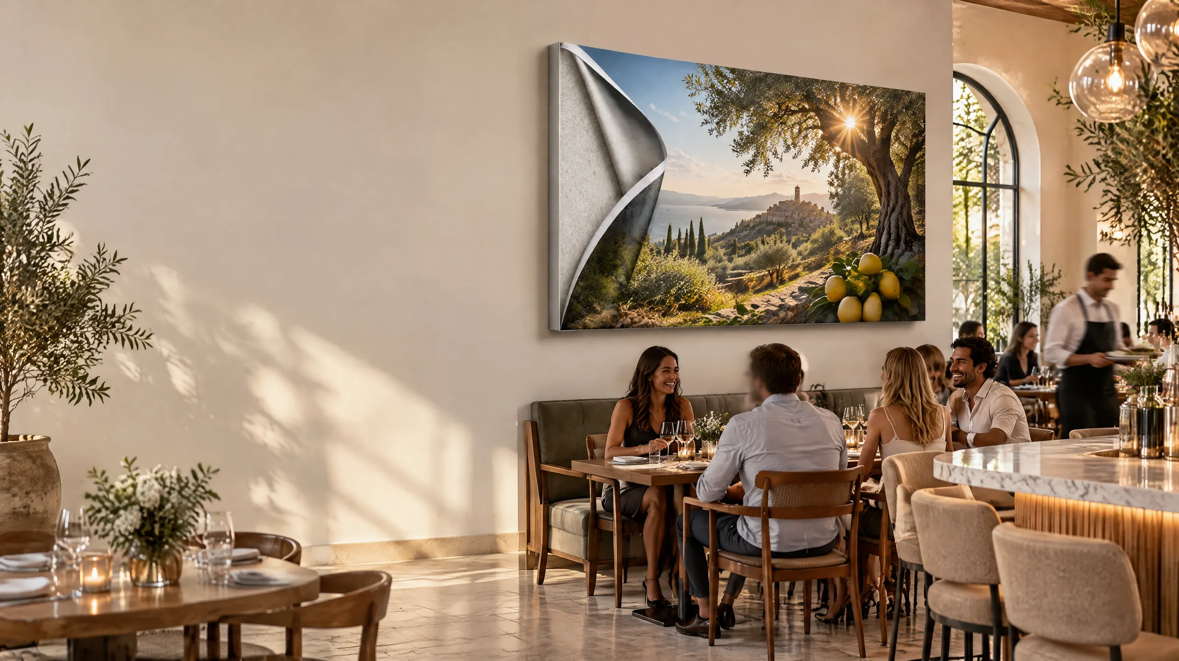 Belebtes Restaurant mit Gästen – an der Wand ein Akustikbild im Alu-Frame mit Olivenhain-Motiv und umgeschlagener Ecke