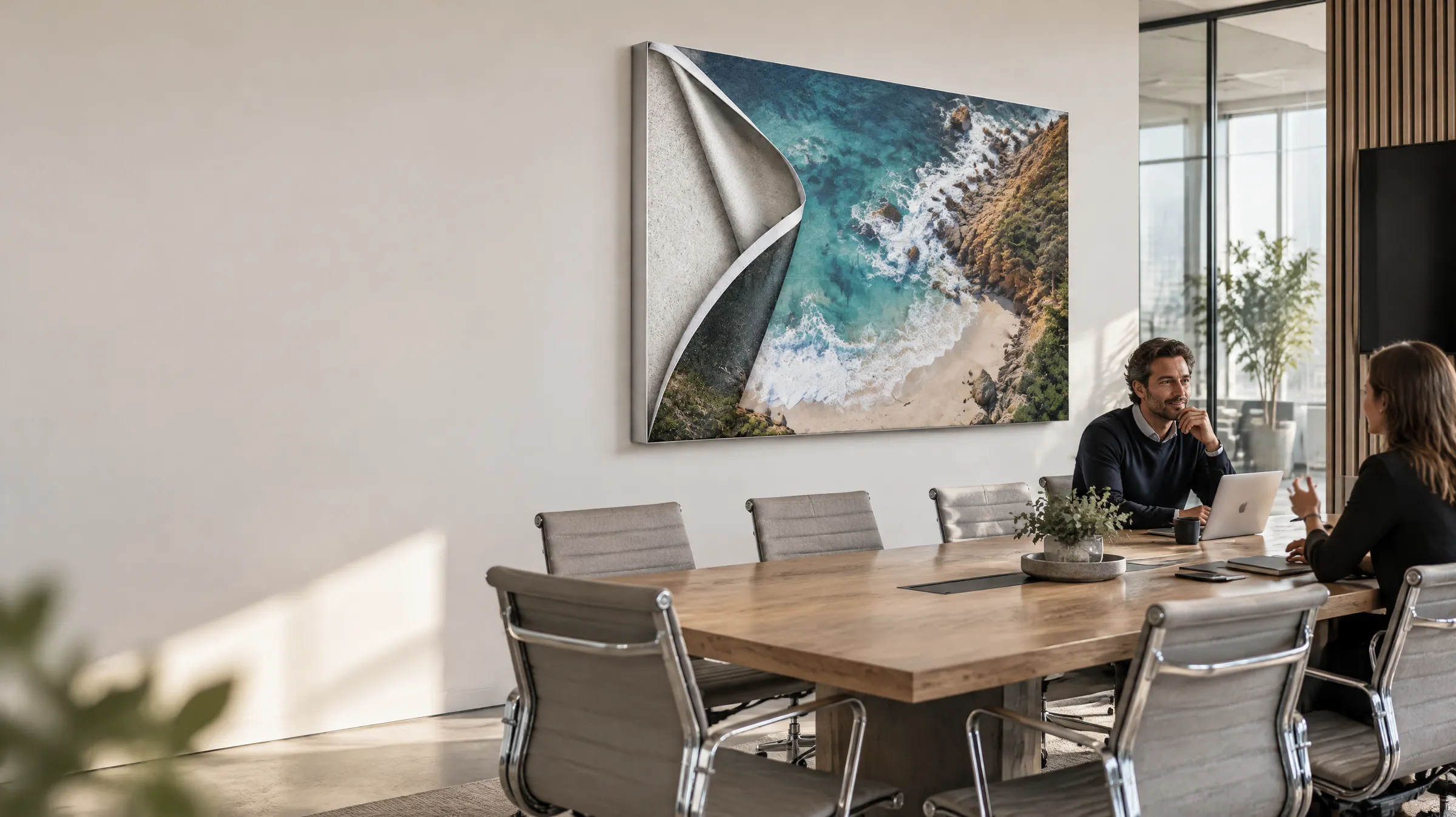 Konferenzraum mit langem Holztisch und Besprechung – an der Wand ein Akustikbild im Alu-Frame mit Küstenmotiv und umgeschlagener Ecke