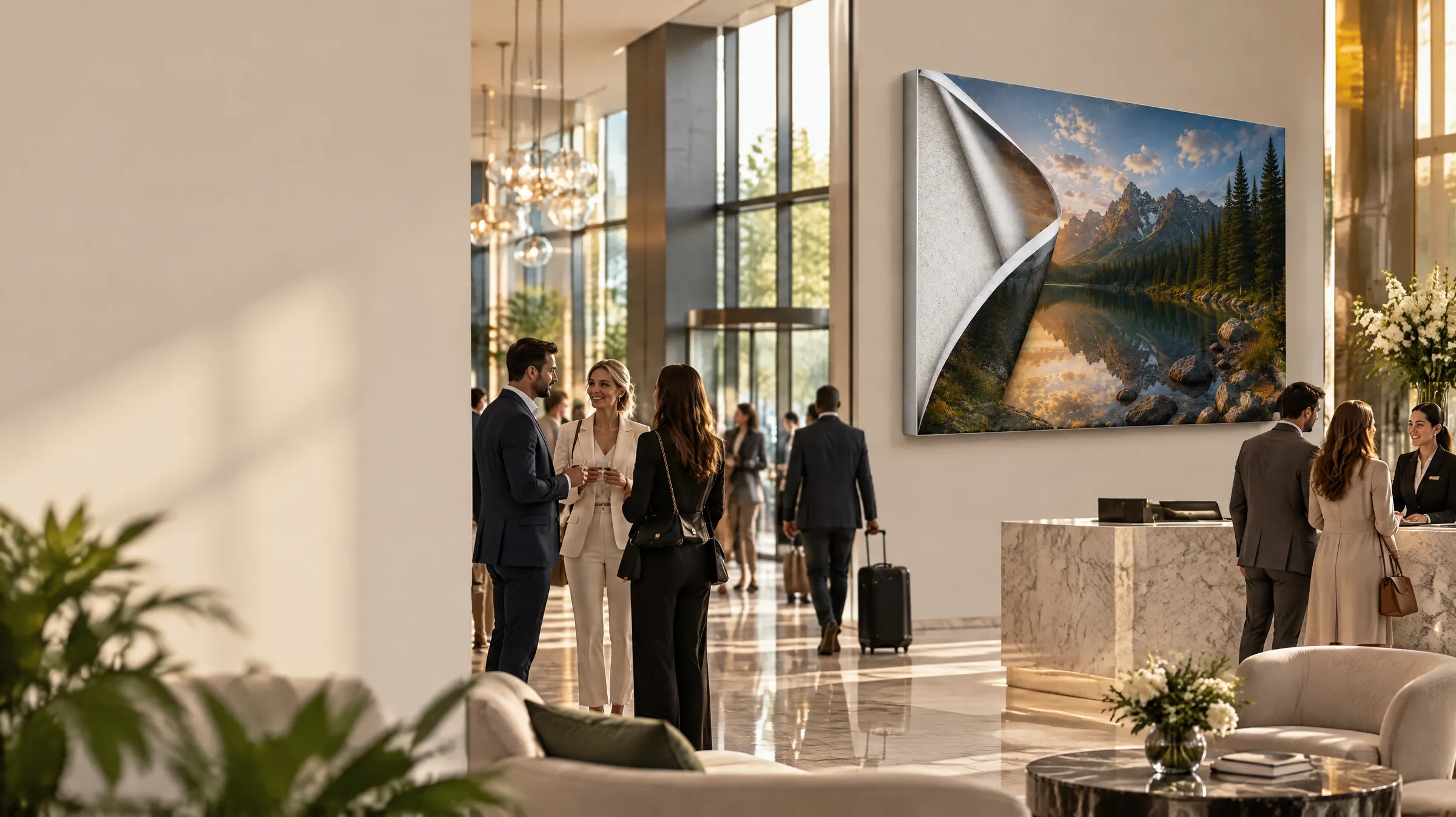Hotellobby mit Marmorboden und Gästen – an der Wand ein großes Akustikbild im Alu-Frame mit umgeschlagener Ecke