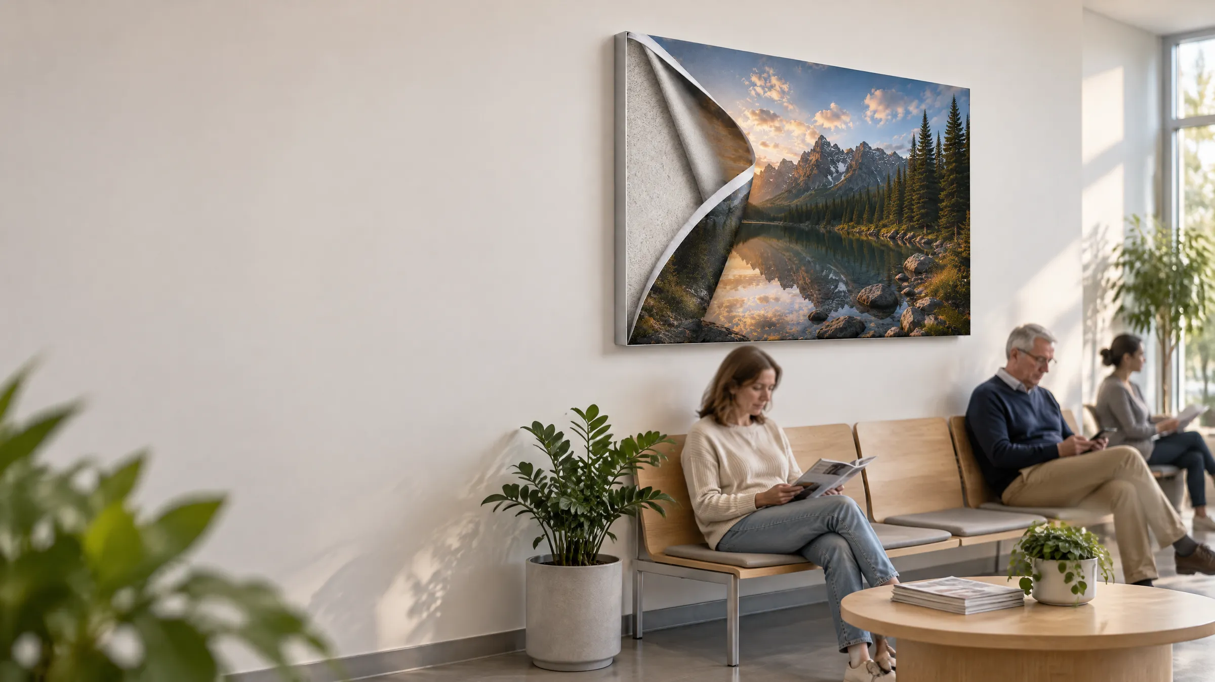 Wartezimmer einer Arztpraxis mit wartenden Patienten – an der Wand ein Akustikbild im Alu-Frame mit umgeschlagener Ecke