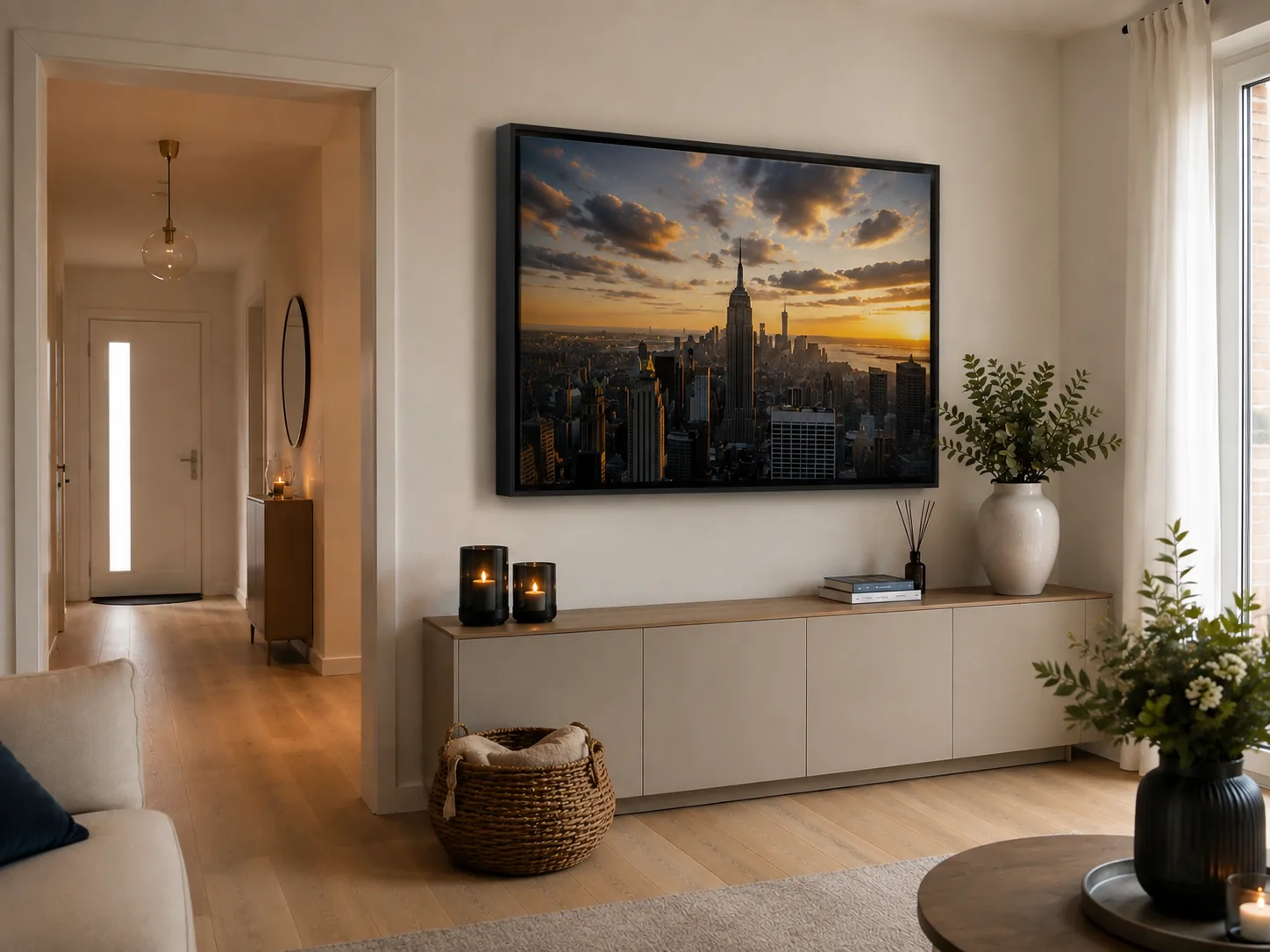 Skyline im Schattenfugenrahmen über dem Sideboard